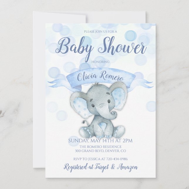 Blue Elephant Boy Baby Shower-inbjudan Inbjudningar (Framsida)