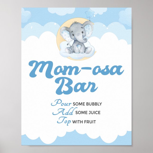 Blue Elephant Boy Baby Shower Momosa Pub-tecken Poster (Framsidan)