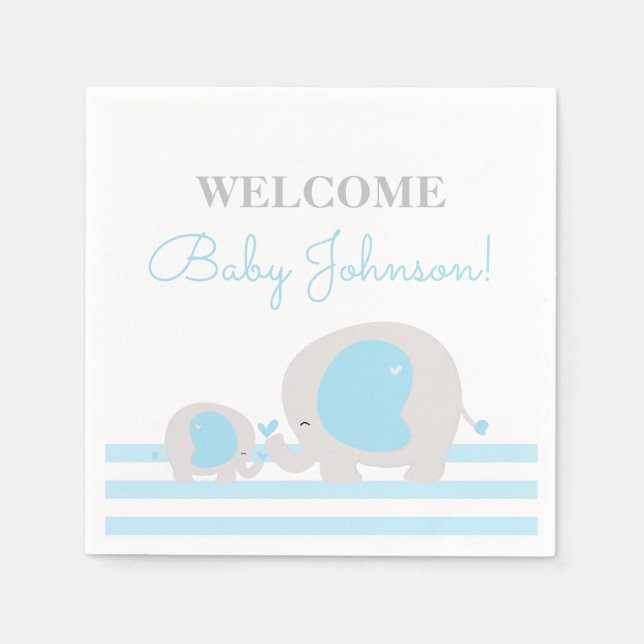 Blue Elephant Boy Baby Shower Napkins Pappersservett (Framsidan)