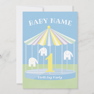 Blue Elephant Carousel 1st Birthday Party Inbjudningar