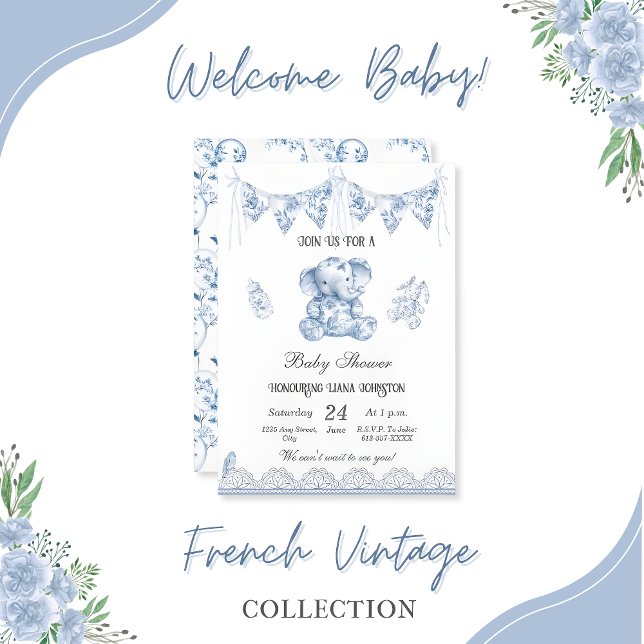 Blue Elephant Chinoiserie-Baby Shower-inbjudan Inbjudningar (elephant-baby-shower-vintage-blue-collection)