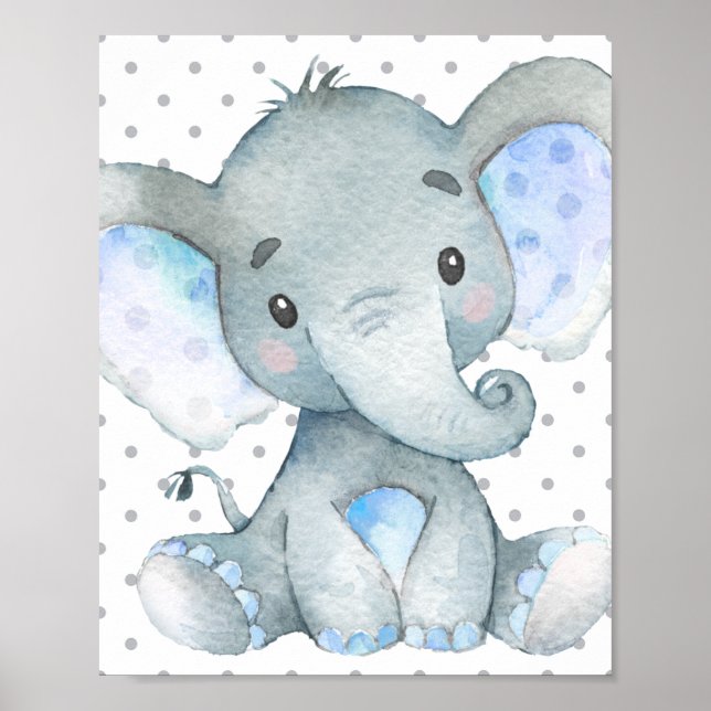 Blue Elephant Cute Pojke Nursery Gift Poster (Framsidan)