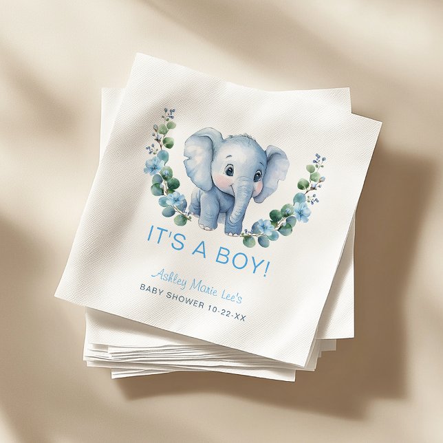 Blue Elephant Det är en pojk babyskabinka - Wat Pappersservett (It's A Boy Baby Shower Napkins)