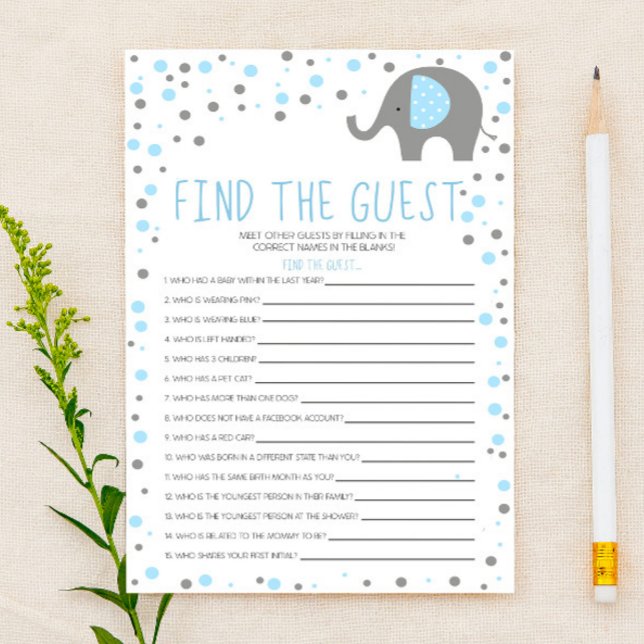 Blue Elephant Find Guest Baby Shower Game Brevpapper (Skapare uppladdad)