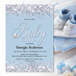 Blue Elephant Glitter Baby Shower Inbjudningar