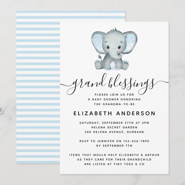 Blue Elephant Grandma to be Baby Shower Inbjudningar (Fram/baksida)
