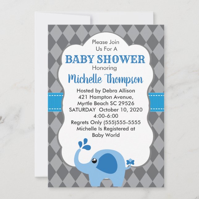 Blue Elephant Grått Background Baby Shower Inbjuda Inbjudningar (Framsida)