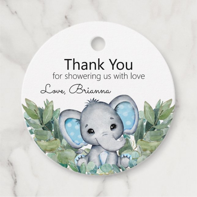 Blue Elephant Greenery Baby Shower Tack Gåvor Etiketter (Framsida)