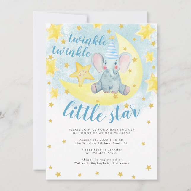 Blue Elephant Guld Twinkle Little Star Baby Shower Inbjudningar (Framsida)