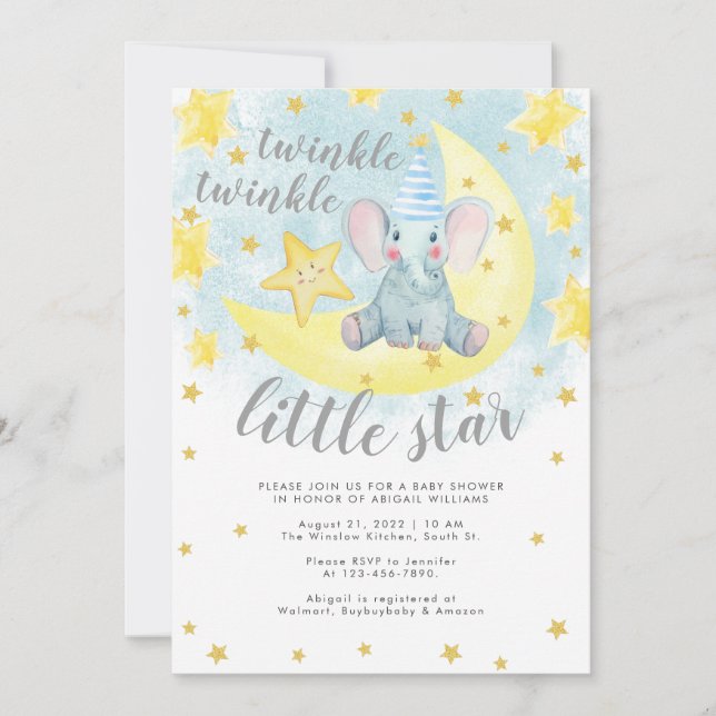 Blue Elephant Guld Twinkle Little Star Baby Shower Inbjudningar (Framsida)