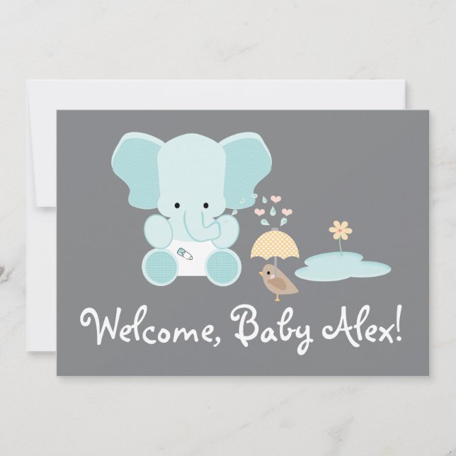 Blue Elephant Little Bird Welcome Baby Inbjudningar (Framsida)