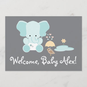 Blue Elephant Little Bird Welcome Baby Inbjudningar