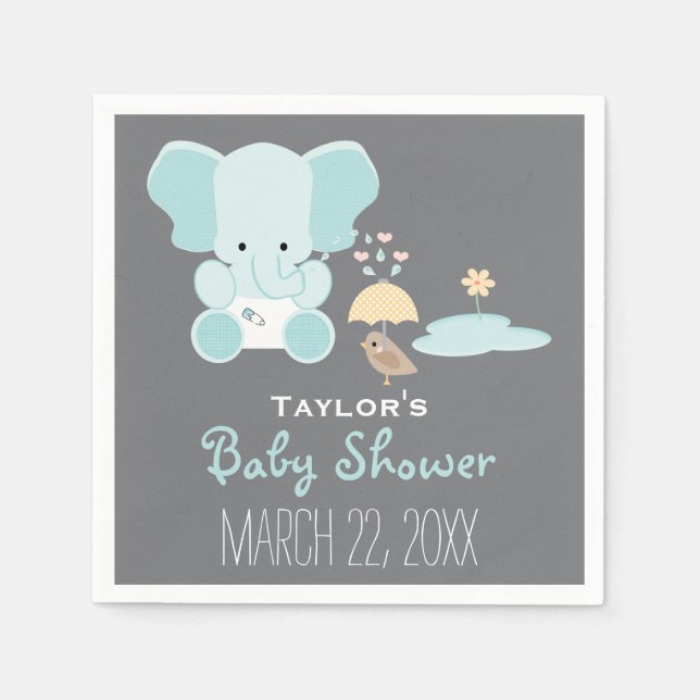 Blue Elephant Little in Diaper Bird Baby Shower Pappersservett (Framsidan)