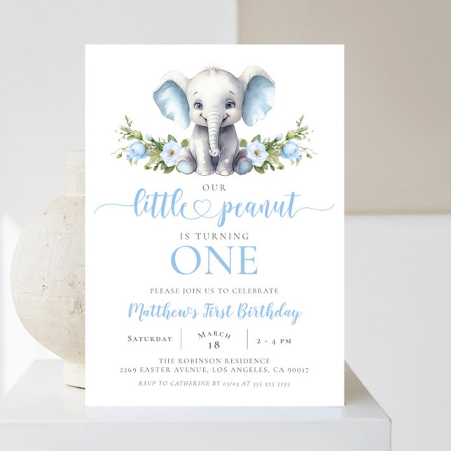 Blue Elephant Little Peanut Boy 1st Birthday Inbjudningar (Skapare uppladdad)