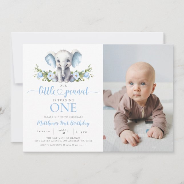 Blue Elephant Little Peanut Boy 1st Birthday Photo Inbjudningar (Framsida)