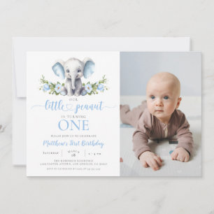 Blue Elephant Little Peanut Boy 1st Birthday Photo Inbjudningar