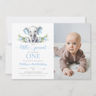 Blue Elephant Little Peanut Boy 1st Birthday Photo Inbjudningar
