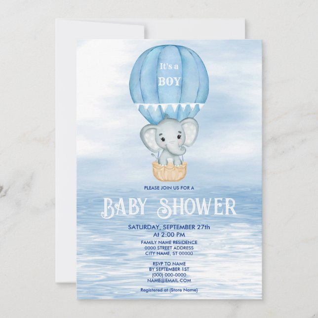Blue Elephant Luftballong Baby Shower Inbjudningar (Framsida)
