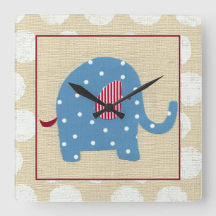 Blue Elephant med White Polka dots Fyrkantig Klocka
