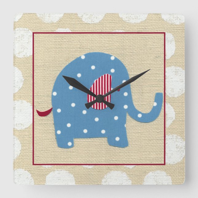 Blue Elephant med White Polka dots Fyrkantig Klocka (Framsida)