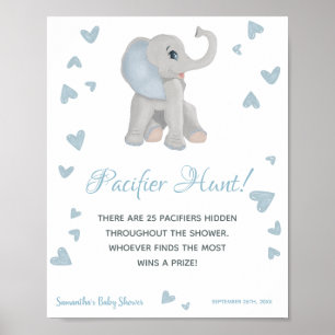 Blue Elephant Nappar Hunt Game Baby Shower-skylt Poster