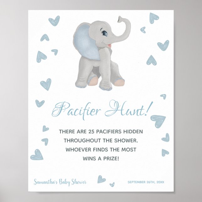 Blue Elephant Nappar Hunt Game Baby Shower-skylt Poster (Framsidan)