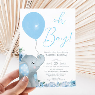 Blue Elephant Oh Boy Baby Shower Inbjudningar