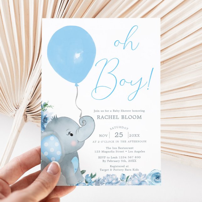 Blue Elephant Oh Boy Baby Shower Inbjudningar (blue elephant baby shower invitation)