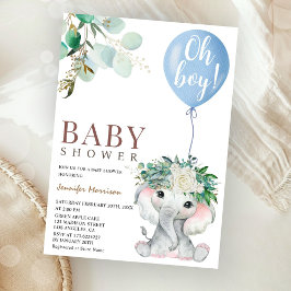 Blue Elephant Oh Boy Balloon Baby Shower Inbjudningar