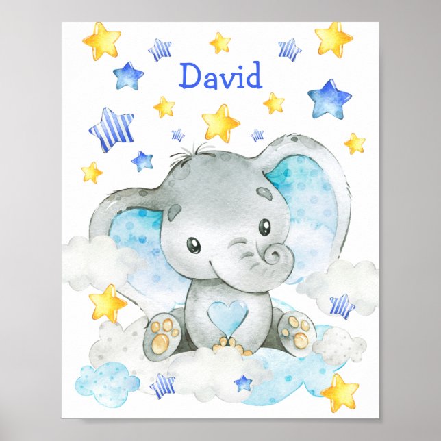 Blue Elephant Personlig Anpassningsbar Nursery Boy Poster (Framsidan)