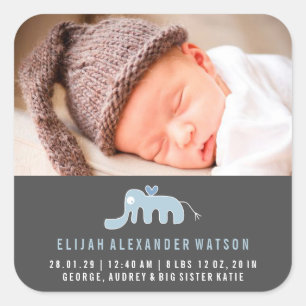 Blue Elephant Pojke Birth Announcement Sticker Fyrkantigt Klistermärke