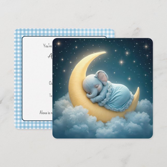 Blue Elephant Pojke Shower Inbjudningar (Fram/baksida)