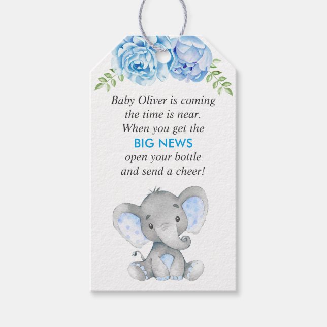 Blue Elephant Pojke Shower Mini Flaska Favor Presentetikett (Framsidan)
