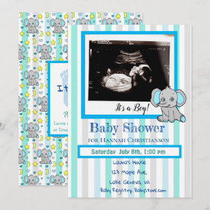 Blue Elephant Pojke Ultrasound Baby Shower Inbjudningar