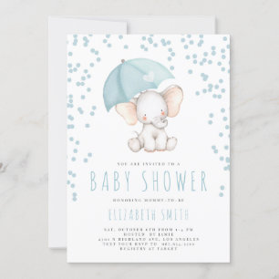 Blue Elephant Rain Sprinkle Boy Shower Inbjudningar
