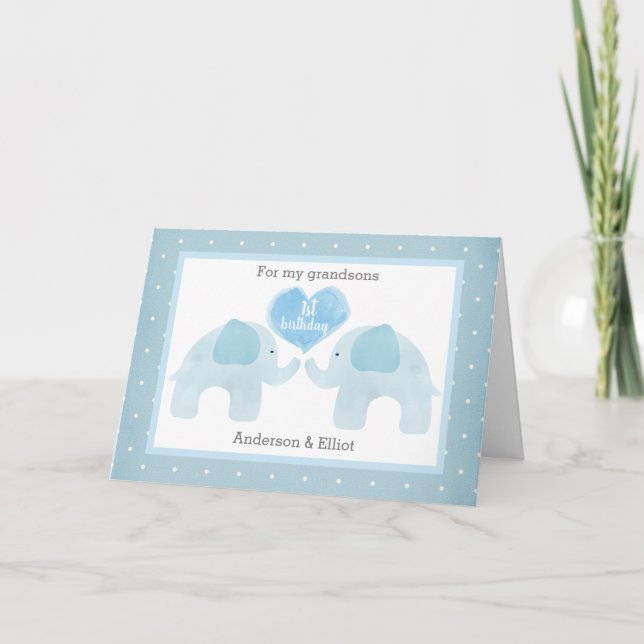 Blue Elephant Twillingars 1st Birthday Kort (Framsida)