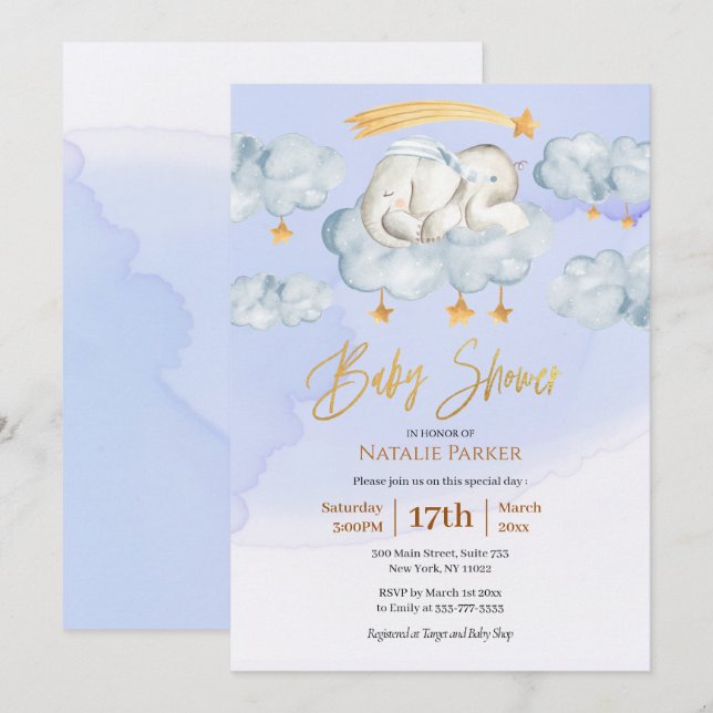 Blue Elephant Twinkle Little Star Boy Shower Inbjudningar (Fram/baksida)