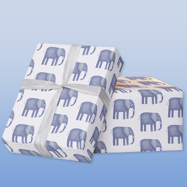 Blue Elephant Watercolor Presentpapper (Blue watercolor elephant wrapping paper roll)