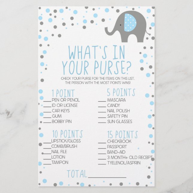 Blue Elephant What's in Purse Baby Shower Game Brevpapper (Framsida)
