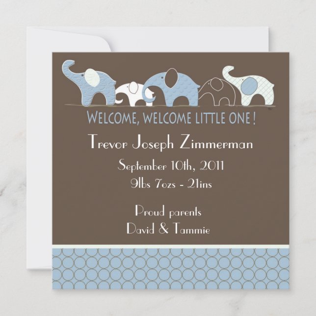 Blue Elephants Baby Announcement Meddelande (Framsida)