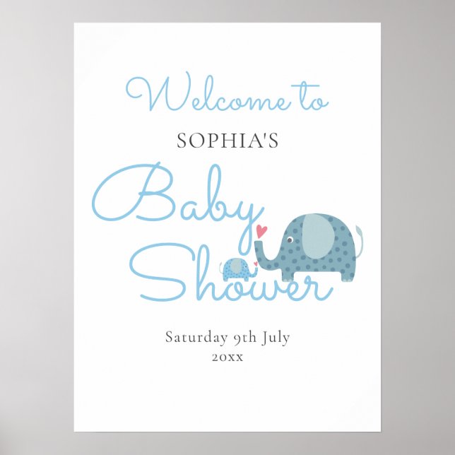Blue Elephants Pojke Shower / Sprinkle Welcome Poster (Framsidan)
