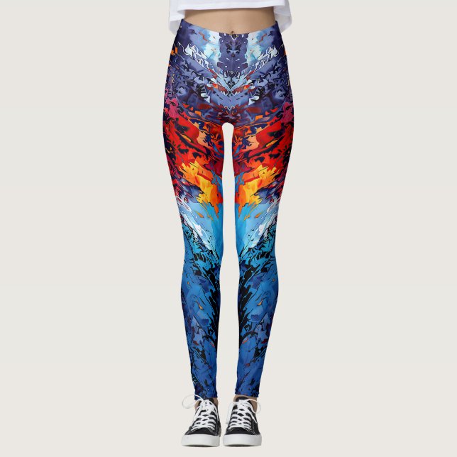 Blue Ember Blue Red Contemporary Abstrakt Art Leggings (Framsida)