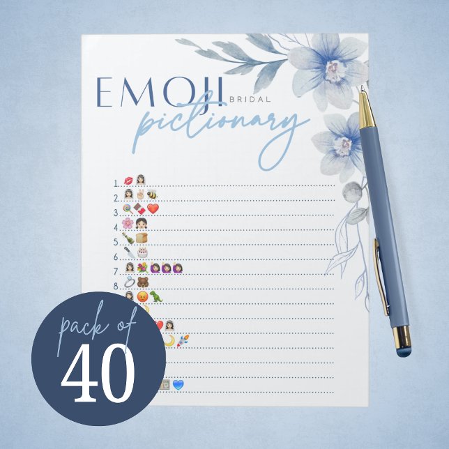 Blue Emoji Pictionary Möhippa Game Pack Anteckningsblock (Blue Watercolor Floral Bridal Pictionary Game Pack of 40 Games for Something Blue Bridal Shower)
