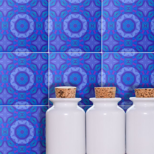 Blue Ethnic Boho Abstrakt Mosaic Geometric Mönster Kakelplatta (Skapare uppladdad)