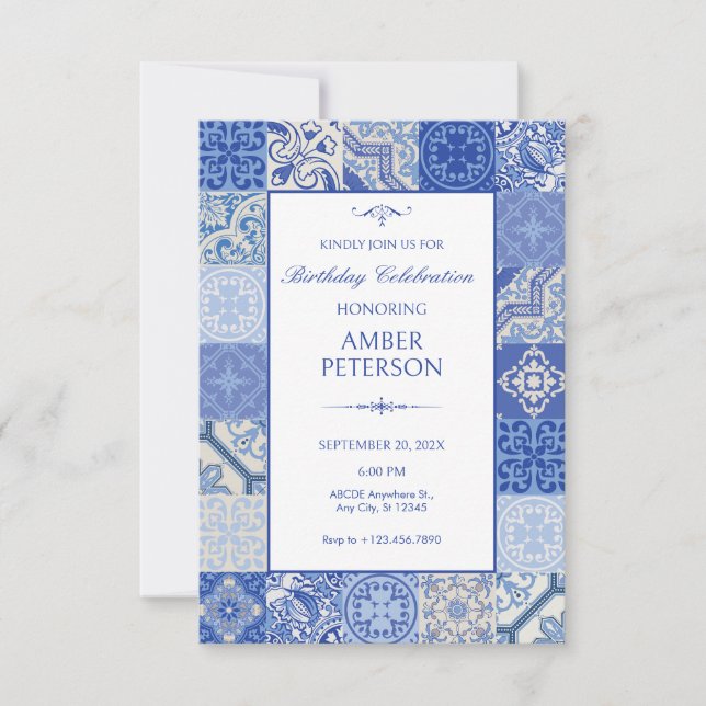 Blue Ethnic Boho Mediterranean Tiles födelsedag Inbjudningar (Framsida)
