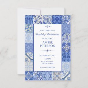 Blue Ethnic Boho Mediterranean Tiles födelsedag Inbjudningar