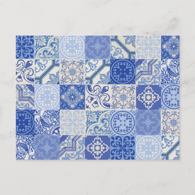 Blue Ethnic Boho Mediterranean Tiles Vykort (Framsida)
