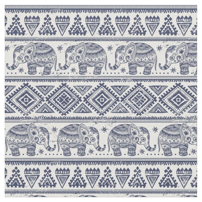 Blue Ethnic Elephant Mönster Tyg (Närbild)