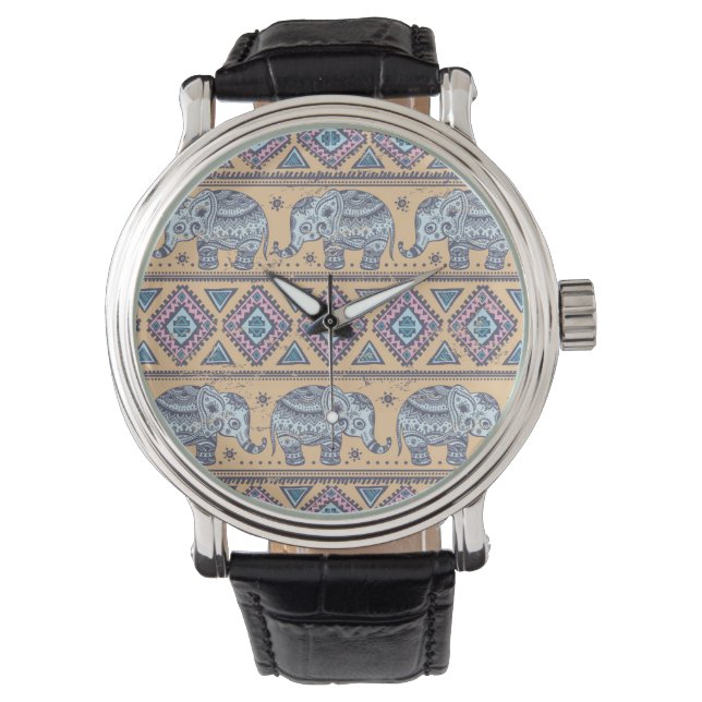 Blue Ethnic Elephant Tribal Mönster Armbandsur (Framsida)