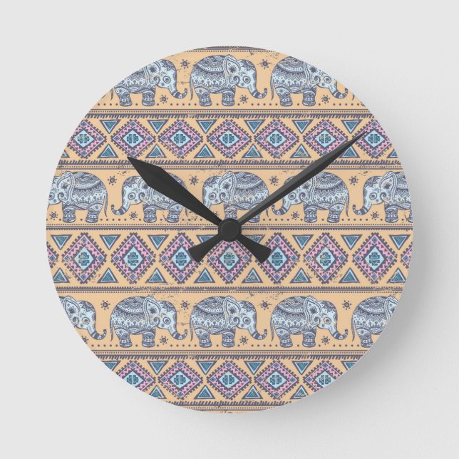 Blue Ethnic Elephant Tribal Mönster Rund Klocka (Framsida)